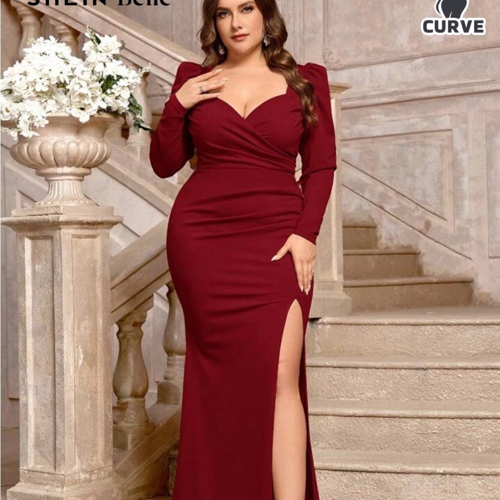 SHEIN Red Ruched Slit Gown Sweetheart Neckline